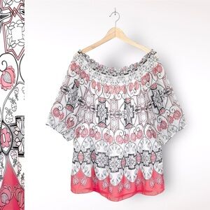 Max Studio Chiffon Off The The Shoulder Floral Blouse Short Sleeve Lined Smocked